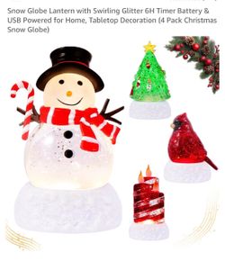 Snow Globe Lantern with Swirling Glitter 6H Timer Battery & USB Powered for Home, Tabletop Decoration (4 Pack Christmas Snow Globe)