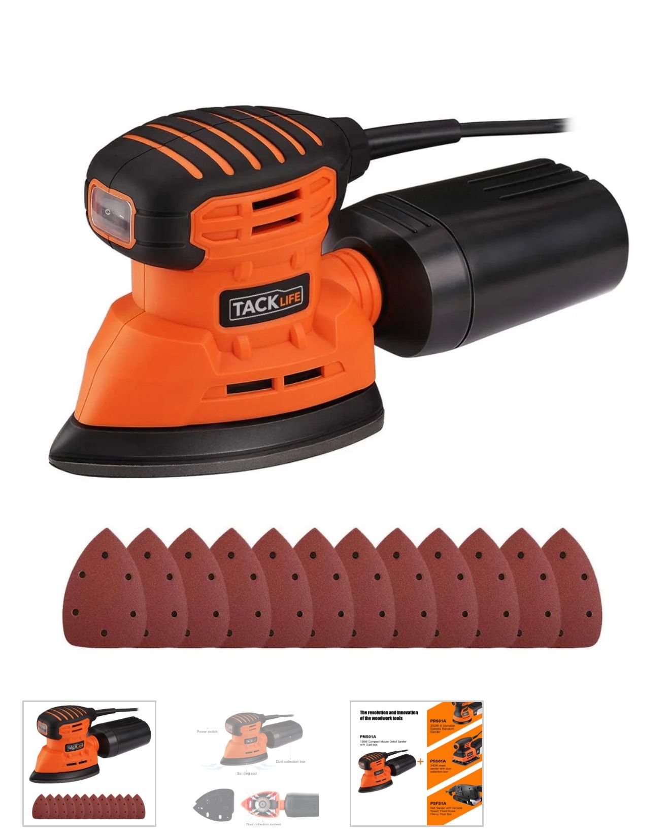 TACKLIFE Mouse Detail Sander, 12000 OPM Electric Sander With 12 Pcs Sandpapers-PMS04A