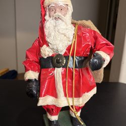 Vintage Pulp Paper Mache Standing Santa Claus With Toy Bag Resin Face  13”