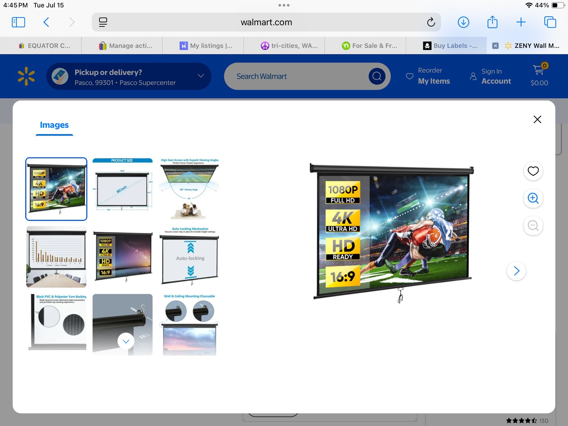ZENY Projector Screen Manual Pull Down HD Screen 80" Black