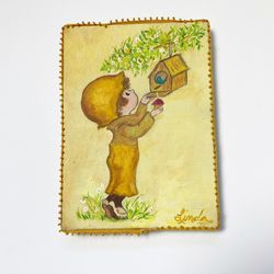 1970s 5x7” prairie boy birdhouse holly hobby style painting Gold trim