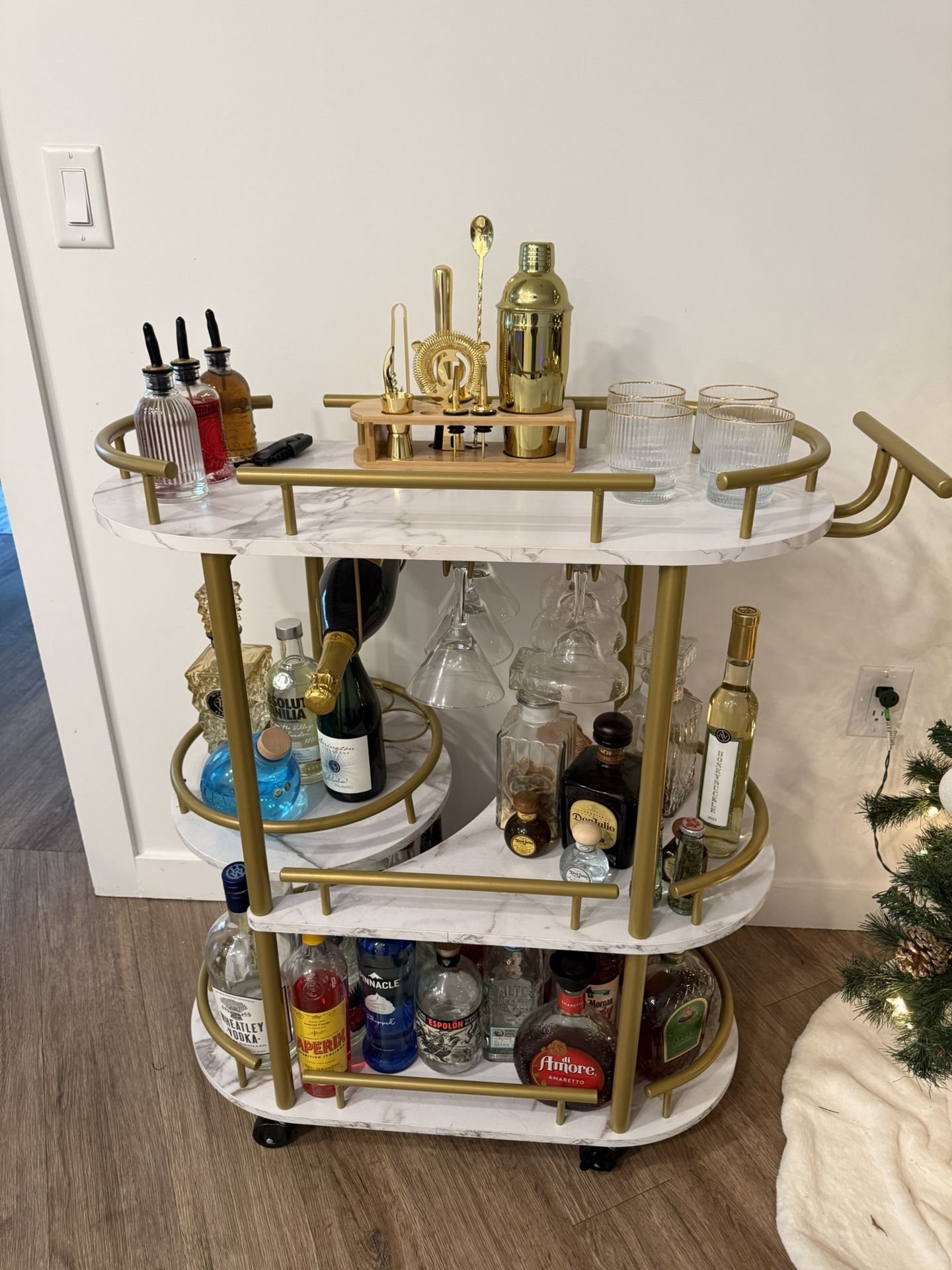 Gold Bar Cart with Wine & Glass Storage