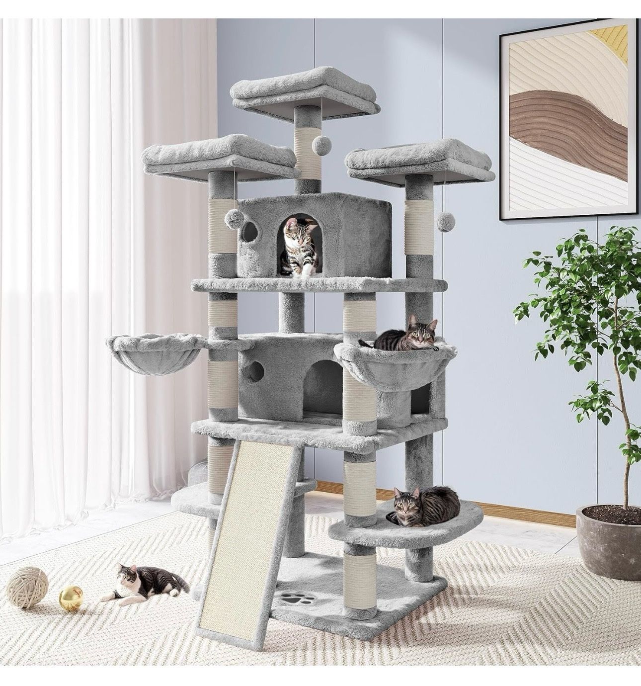 68-Inch Multi-Level Cat Tree House with Condo, Scratching Posts, and Towers for Large Cats - Light Grey