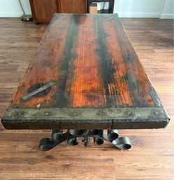 Rustic Reclaimed Wood and Epoxy Coffee Table with Wrought Iron Base