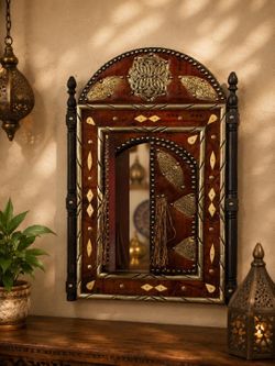 Moroccan Handcrafted Wood and Brass Wall Mirror with Doors