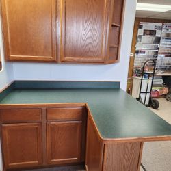 USED DISPLAY CABINETS AND TOP  SHAKER DOORS MEDIUM STAIN  62"  X 52 1/2"