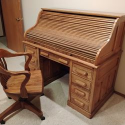 Solid Wood Rolltop Desk & Chair