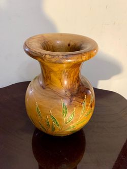 Wooden Vase with Green & Gold Leaf Floral Motif