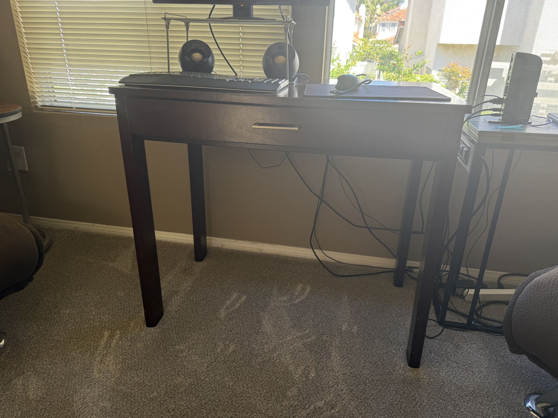 Dark Wood Desk with Drawer w/ Adjustable Chair and Monitor