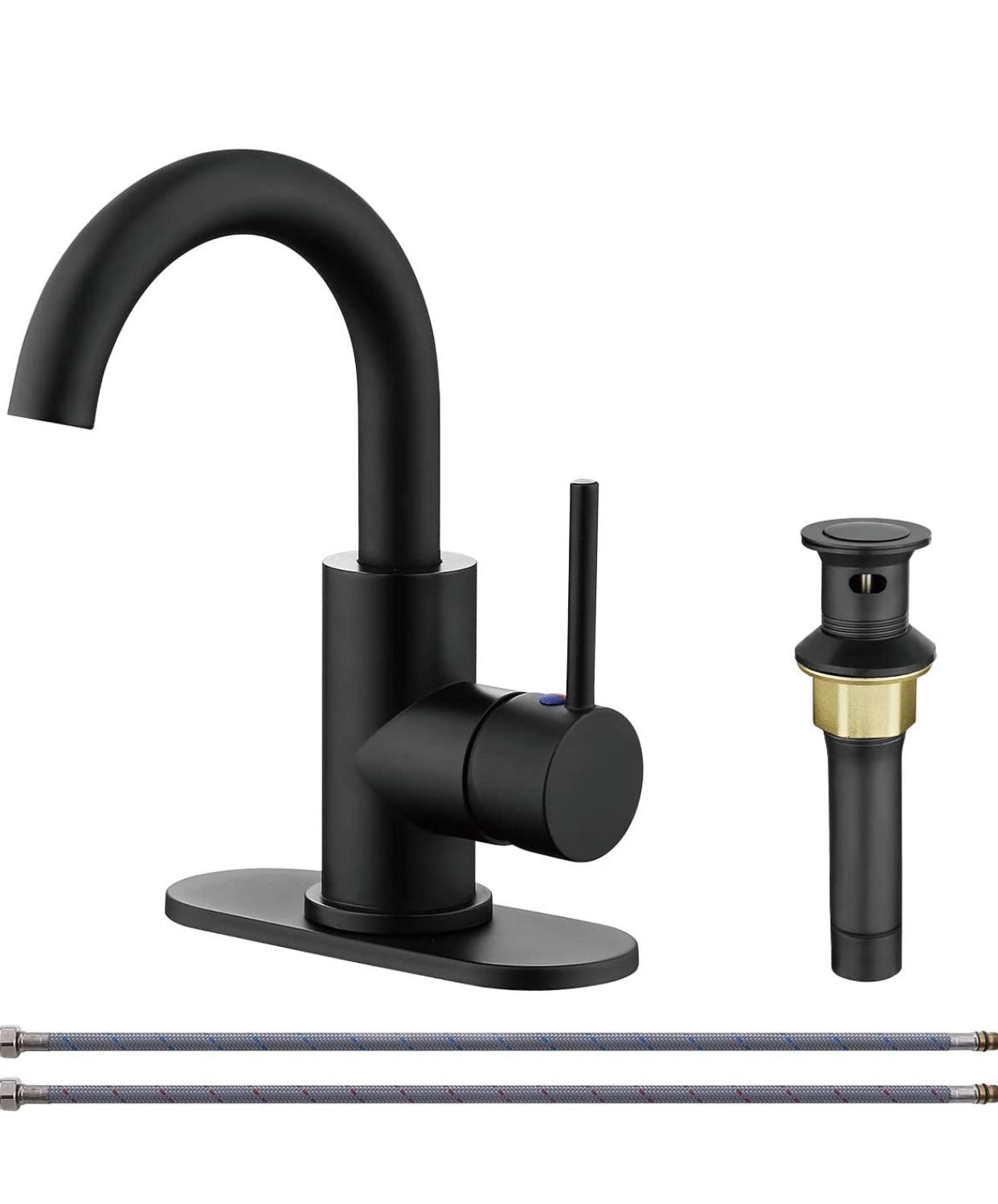 Single-Handle Bathroom Sink Faucet, Swivel Spout, with Pop-up Drain with Overflow and Supply Hose, Bar Sink Faucet,Small Kitchen Faucet Tap, Matte Bla