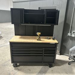 56 in. W x 27.6 in. D 10-Drawer Matte Black Heavy-Duty Mobile Workbench with Pegboard and Top Cabinets