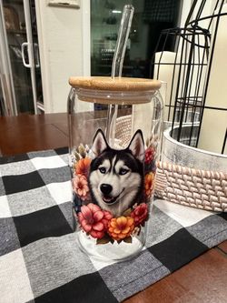 Husky glass cup with bamboo lid and glass straw
