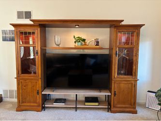 Matching Rustic Wood Living Room Tables + Lighted Display Hutch