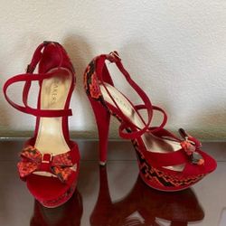 Bakers Cherie Red Suede and Black and Red Leather Snake Skin Sz 7 1/2 Heels 