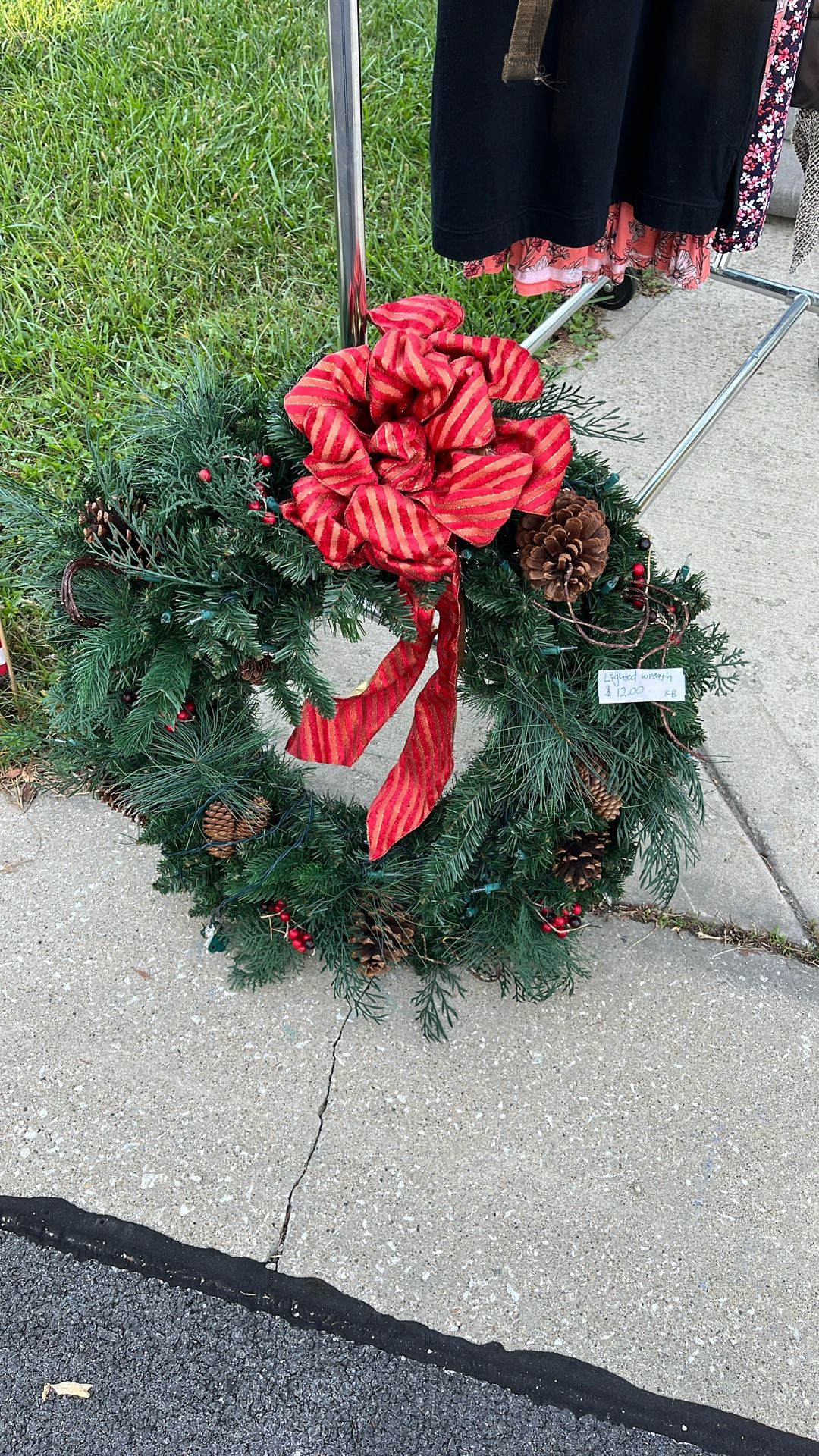 Outdoor icicle lights, lighted Christmas wreaths, Lombard garage sale today.