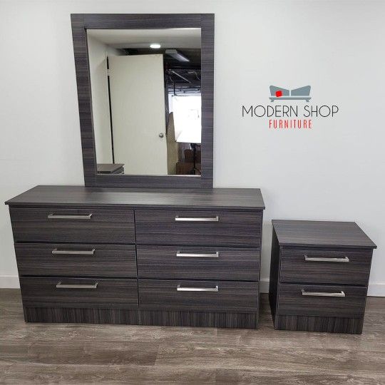 DRESSER WITH MIRROR AND ONE NIGHTSTAND 