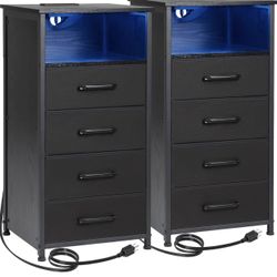 Night Stand Set 2, Tall Nightstand with Charging Station, Dresser for Bedroom with 4 Drawers, LED End Tables with USB Ports and Outlets, Bedside Table