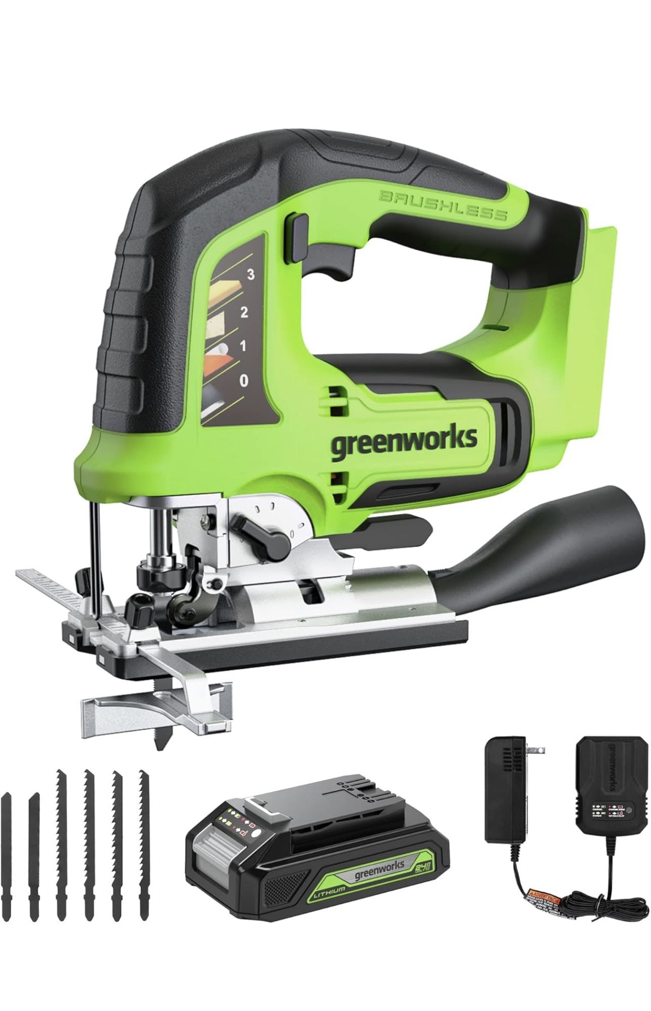 Greenworks 24V Brushless Jig Saw,1*2AH Battery+2A adaptor, 6PCS Blades (4 x Saw blade for woodworking. 2 x Saw blade for metal)