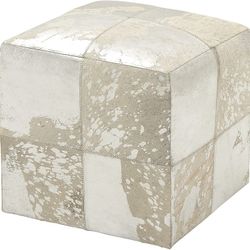 Genuine Leather Cowhide Silver Ottoman 