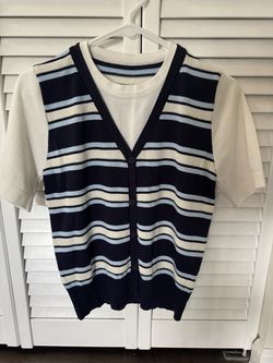 Striped Ice Silk Button-Front Vest Look Knit short sleeve Sweater top Size M