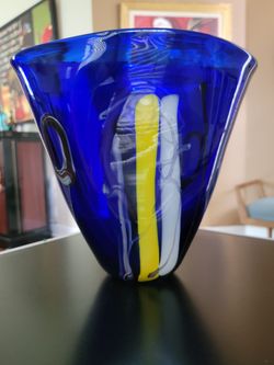 Glass Vase - Vintage Cobalt Blue - White & Yellow Stripes