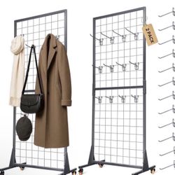 Grid Wall Panels Display Stand 2'x5.3' Ft, Display Rack with T-Base Locking Wheels Freestand