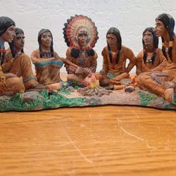 Beautiful Painted Sculpture Of Native Americans Sitting Around Camp Fire 