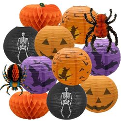12 Inches 12 Pcs Halloween Jack-O-Lantern Paper Lanterns, Halloween Spider Skeleton