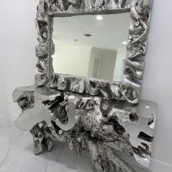 Modern Sculptural Entryway Console with Mirror — Solid Wood