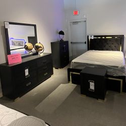 Black Queen Bed, Dresser, Mirror And One Nightstand