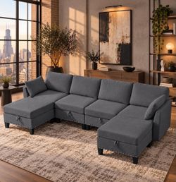 Dark Gray Combination Reversible 4-Seater Modular Sofa with Storage Ottomans, Rivet Design Convertible.