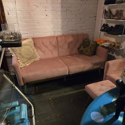 Pink Retro Couch And Chair With Foot Stool
