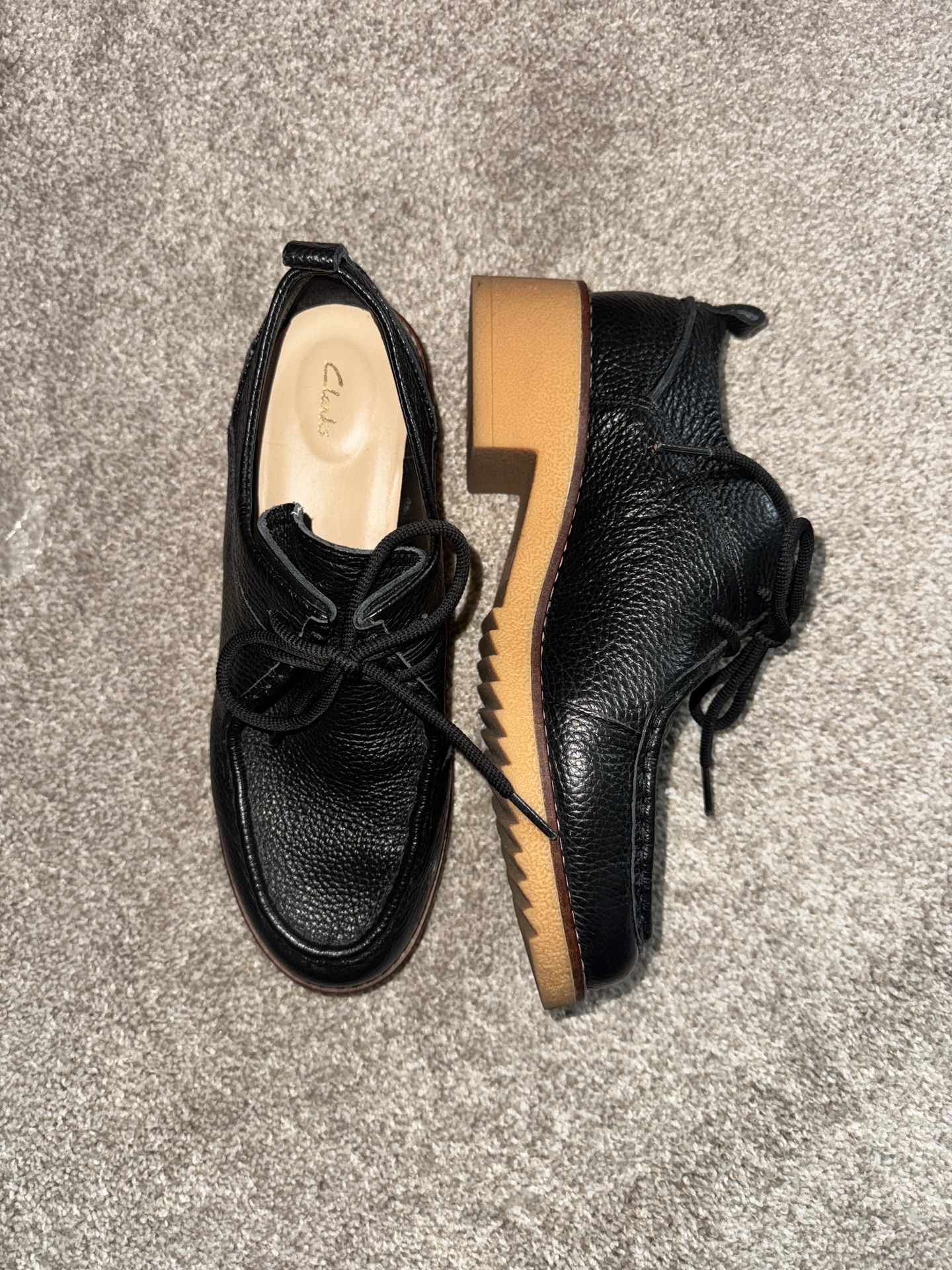 Clarks Black Leather Oxfords with Brown Sole