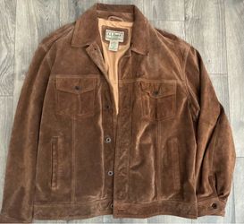 LL Bean Jacket Suede Leather Coat Brown Mens Large Made In Turkey Button Up