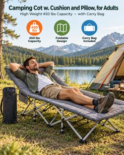 Camping Cot with Cushion and Pillow, for Adults
High Weight 450 lbs Capacity, with Carry Bag