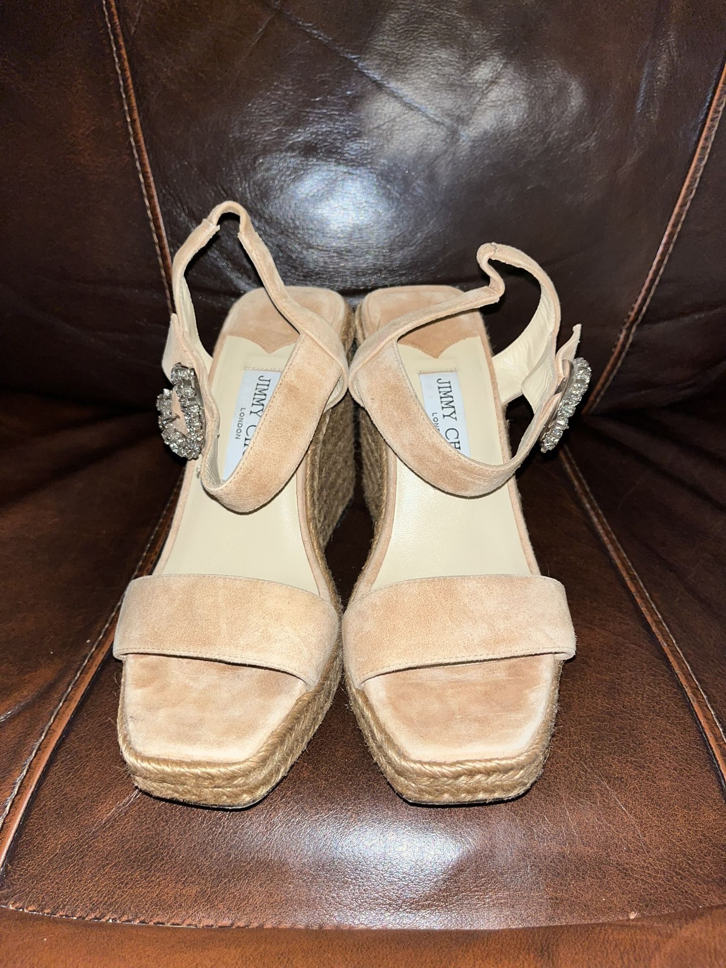 Jimmy Choo beige suede Maribelle wedge sandals