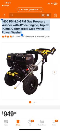 4400 PSI 4.0 GPM Gas Pressure Washer with 420cc Engine, Triplex Pump, Commercial Cold Water Power Washer