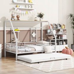 NEW White Metal Frame Twin Size House Platform Bed with Trundle, Roof, Built-In Shelf and Grid