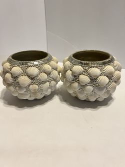 Ocean Front Decor Set Of 2 Beaded/Sea Shell Candle/Plant Holders