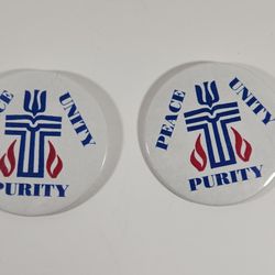 LOT OF 2 VINTAGE PEACE UNITY PURITY 3 INCH BUTTON PINS