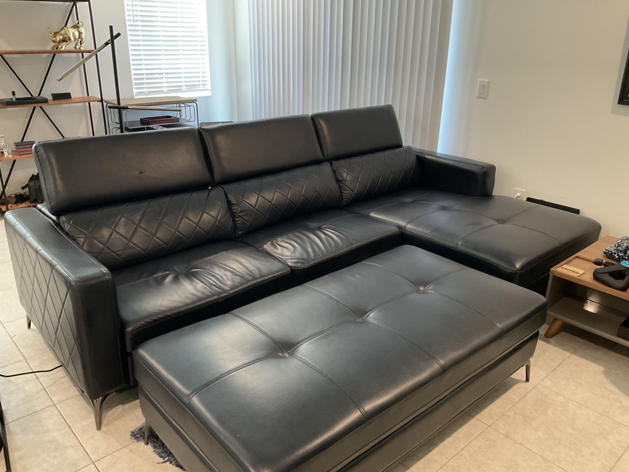Modern Leather couch and Ottomen with storage inside ( dark Blue Leather)