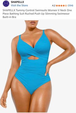 SHAPELLX Tummy Control Swimsuits Women V Neck One Piece Bathing Suit Ruched Push Up Slimming Swimwear Built-in Bra Small