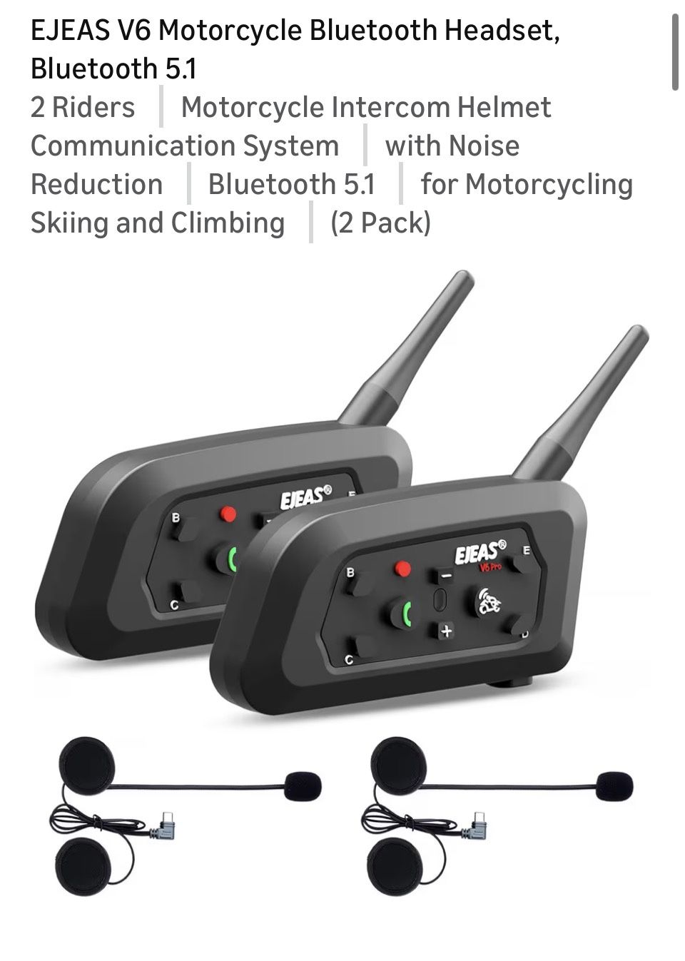 EJEAS V6 Motorcycle Bluetooth Headset, Bluetooth 5.1 2 Riders Motorcycle Intercom Helmet Communication System with Noise Reduction Bluetooth 5.1 for M