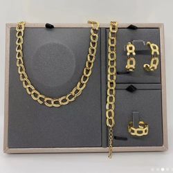 5pcs/set Fashion Chain Necklace + Earring + Bracelet + Ring Set, 18 k gold plated Stainless Steel Jewelry Set  free size ring 