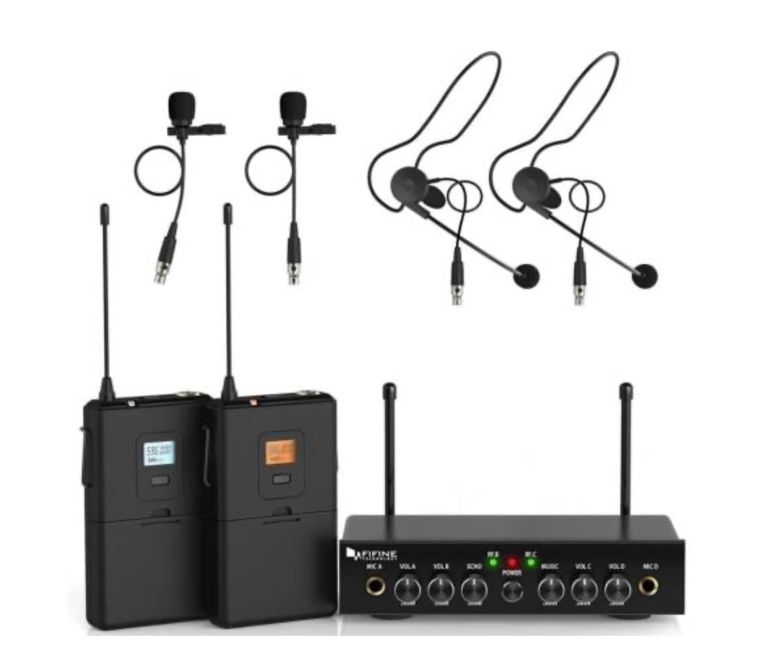 Dual Channel Wireless Microphone Set with 2 Headsets & 2 Lapel Lavalier Mics 