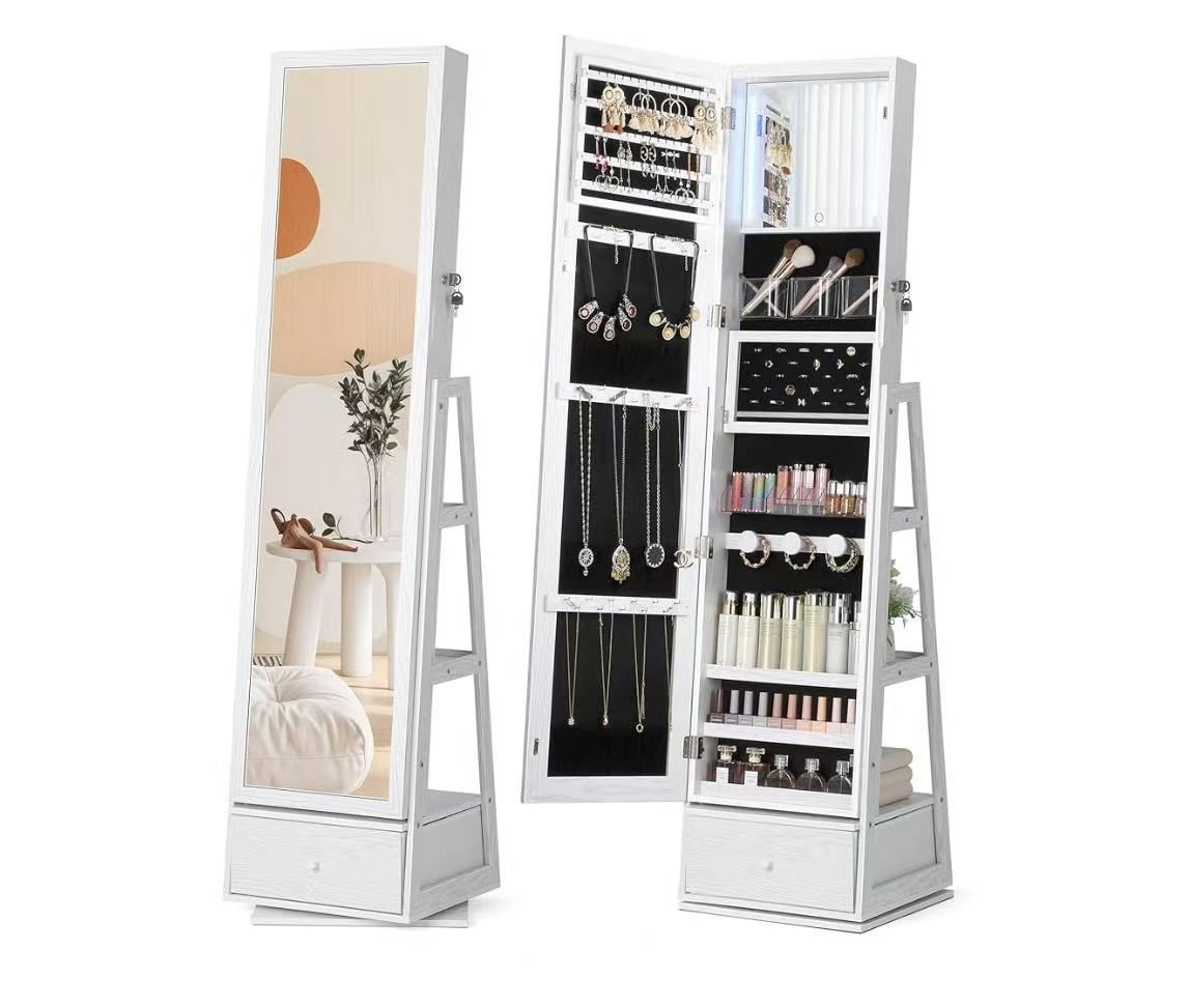 360° Rotating Jewelry Cabinet with Lights - Full-Length Mirror Jewelry Armoire Organizer with Touch Screen Vanity Mirror, Storage Drawers & Shelves fo