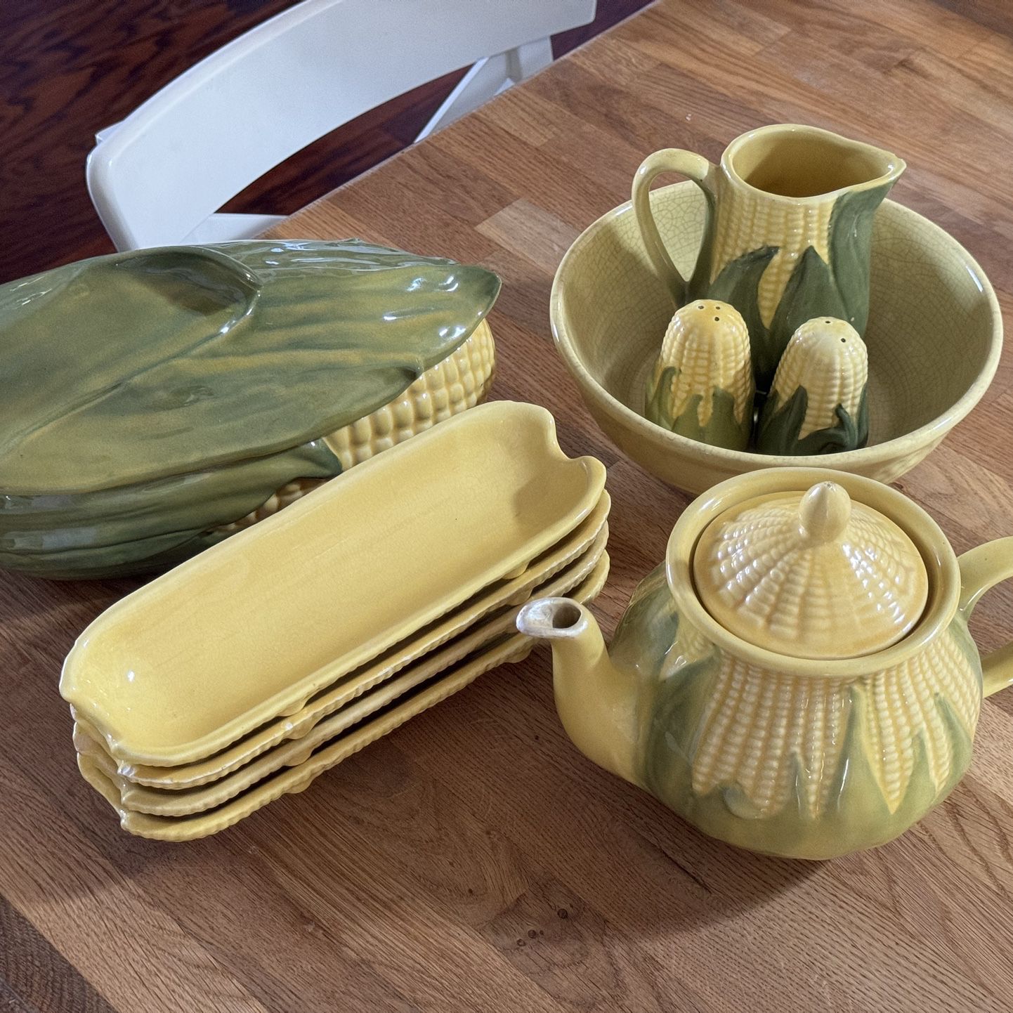 Antique yellow ceramic Shawnee King Corn dishes incl casserole creamer salt pepper cob holders teapot kettle bowl