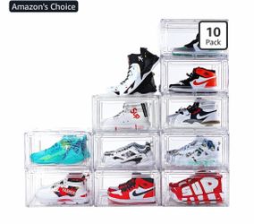 NEW - 10 Pack Large Acrylic Shoe Boxes Clear Stackable with Magnetic Closure