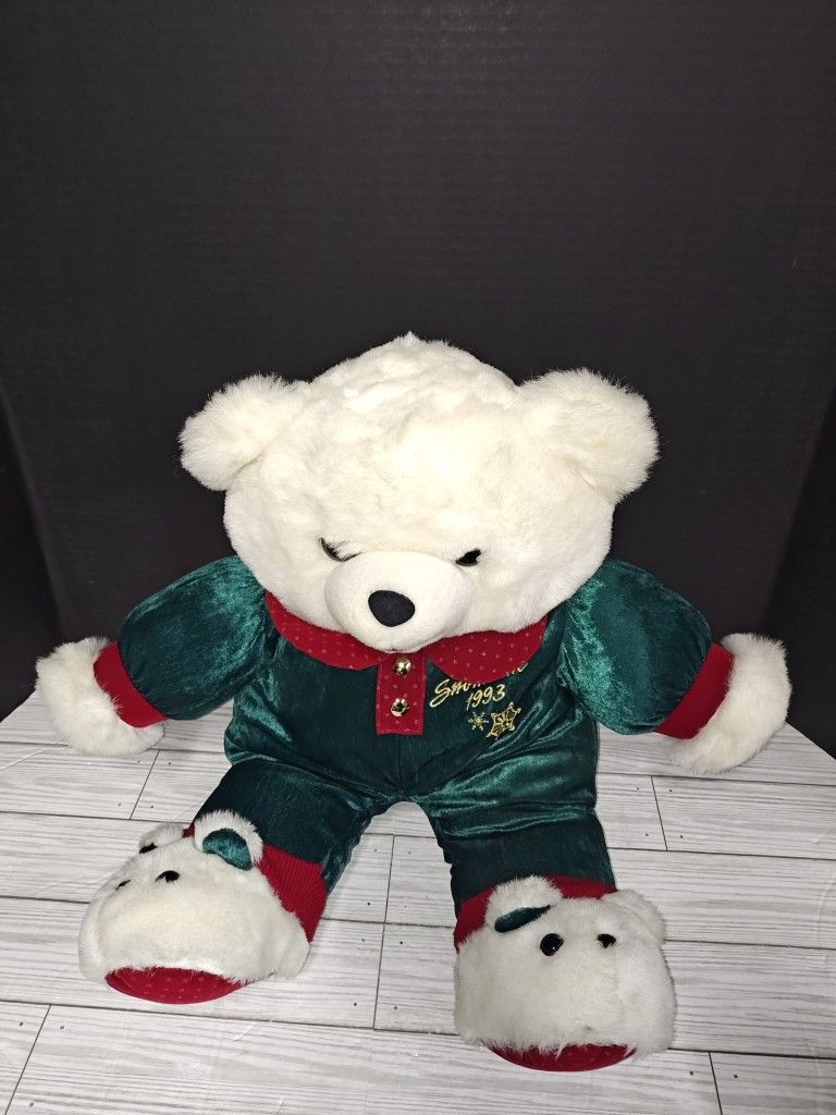 Vintage Snowflake Teddy Bear Plush Kids Toy 21" Green Red Pajamas Slippers 1993