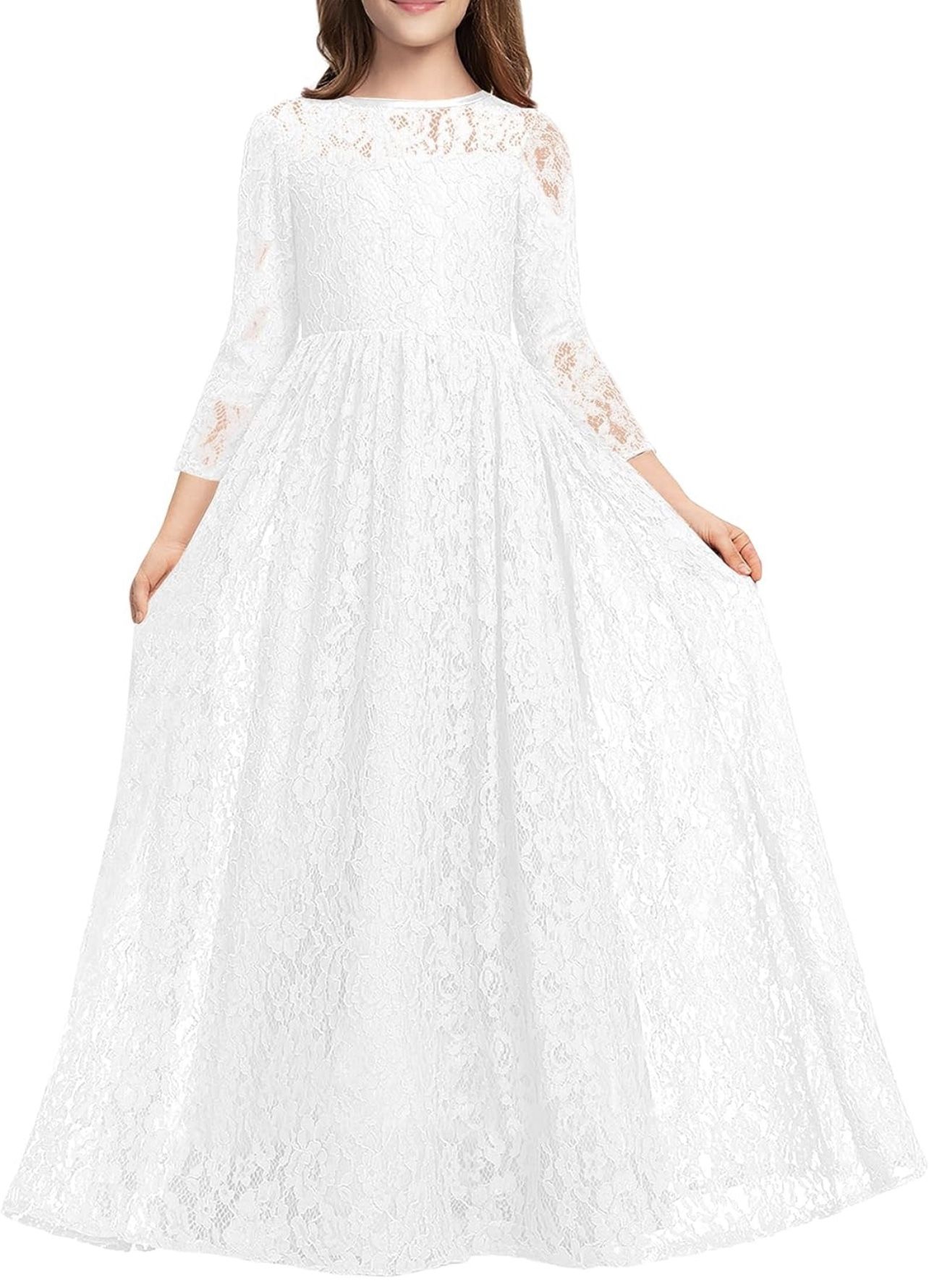Girls Vintage Lace 3/4 Sleeve Boho Wedding Party Flower Girls Maxi Junior Bridesmaid Dress for 10 Years